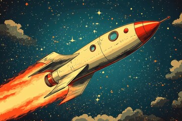 Fototapeta premium retro cartoon rocket ship blasting off whimsical design with exaggerated fins and portholes vibrant primary colors playful space exploration theme