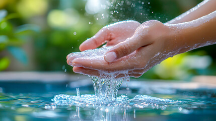 Fototapeta premium Gentle Hands Catching Water Drops in Sunlight