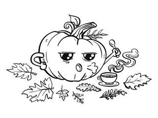 Autumn cute tired pumpkin coffee time coloring page