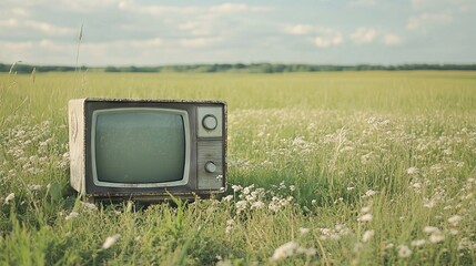 Old Retro TV in a Summer Field with Bright Light Colors, AI generated illustration