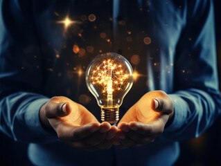 Excellent hand holding creative light bulb with technology network icon