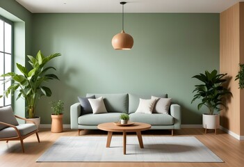 A modern living room with a gray sofa, wooden coffee table, and hanging light fixture against a light green wall.