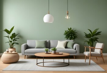 A modern living room with a gray sofa, wooden coffee table, and hanging light fixture against a light green wall.