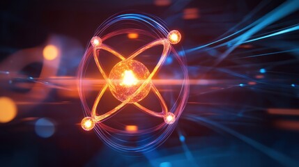 Obraz premium Abstract glowing sphere with rings of light, surrounded by streaks of light on a dark background.