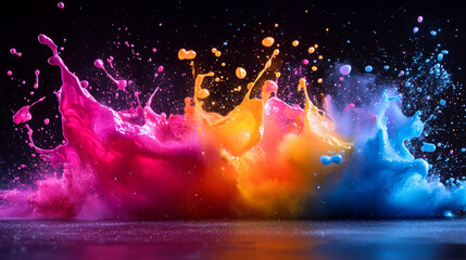 Obraz premium Vibrant splashes of neon colored paint create abstract shapes, showcasing dynamic interplay of colors. energetic display evokes sense of creativity and excitement