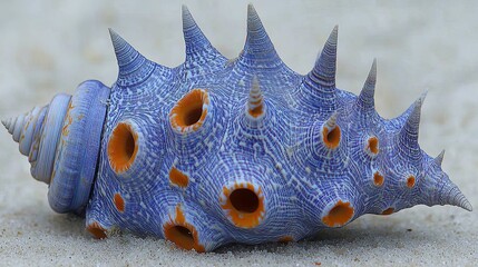 A Spiky Blue and Orange Seashell Resting on Sand