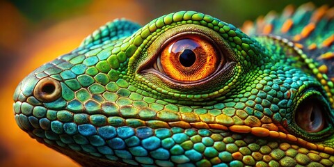 Obraz premium Close-up view of lizard eyes reveals stunning patterns and vivid colors, highlighting nature's intricate design in the animal kingdom and its breathtaking beauty.