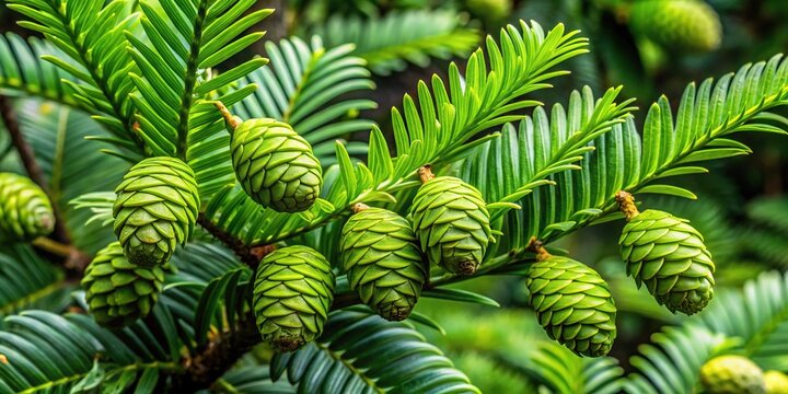 Close-up of the lush green foliage and distinctive cones of a rimu tree (Podocarpus costalis) in a temperate rainforest