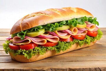Crunchy white bread supports a symphony of flavors, layered with fresh fillings, poised to delight the senses on a rustic wooden table against a seamless white backdrop.