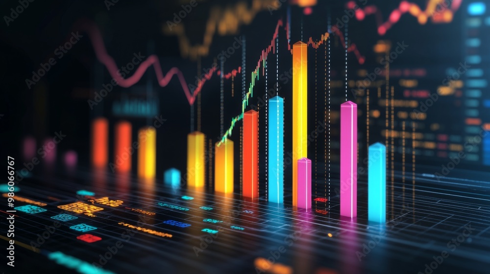 Aufkleber A detailed 3D bar graph with different colored bars rising and falling, set against a dark background with financial icons in the backdrop.