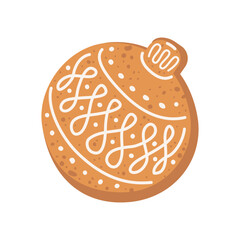 Christmas Ball Gingerbread Cookie with decorative sweet icing. Vector flat illustration isolated on white background. Traditional winter holiday ginger baking