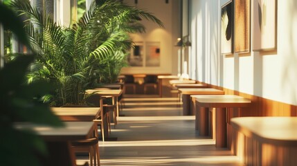 Fototapeta premium A serene café interior with wooden tables and lush greenery, inviting relaxation and conversation.
