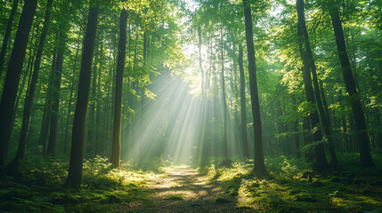Obraz premium Serene Sunlight Filtering Through Lush Forest Trees