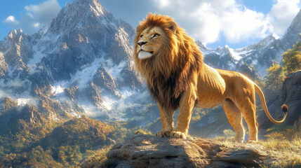 majestic lion stands proudly on rocky outcrop, surrounded by stunning mountains and vibrant landscape. scene captures lions strength and regal presence in breathtaking natural setting