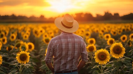 Farmer Standing in a Field of Sunflowers at Sunset, Warm Natural Lighting, AI generated illustration