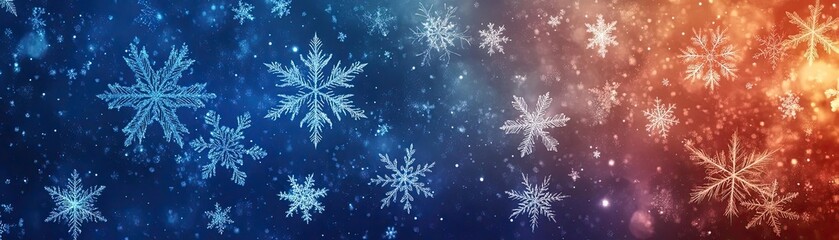 Beautiful snowflakes falling against a colorful winter background, creating a magical and festive atmosphere.