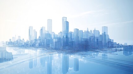A digital illustration of a cityscape with skyscrapers reflected in water.
