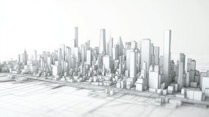 Wireframe model of a modern city skyline.