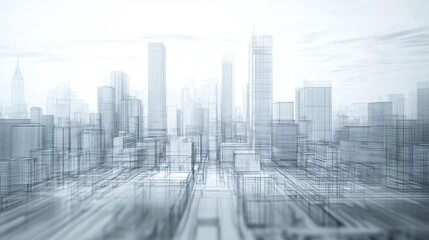 Fototapeta premium Wireframe of modern city skyline with blue sky.