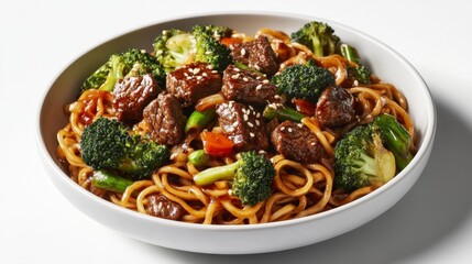 Fototapeta premium A detailed shot of a noodle dish featuring beef, broccoli, and a flavorful sauce, served in a white bowl and presented against a minimalist white backdrop.