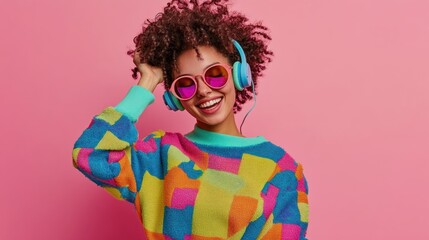 Happy young woman with curly hair wearing colorful sweater and sunglasses listening to music with headphones on pink background.