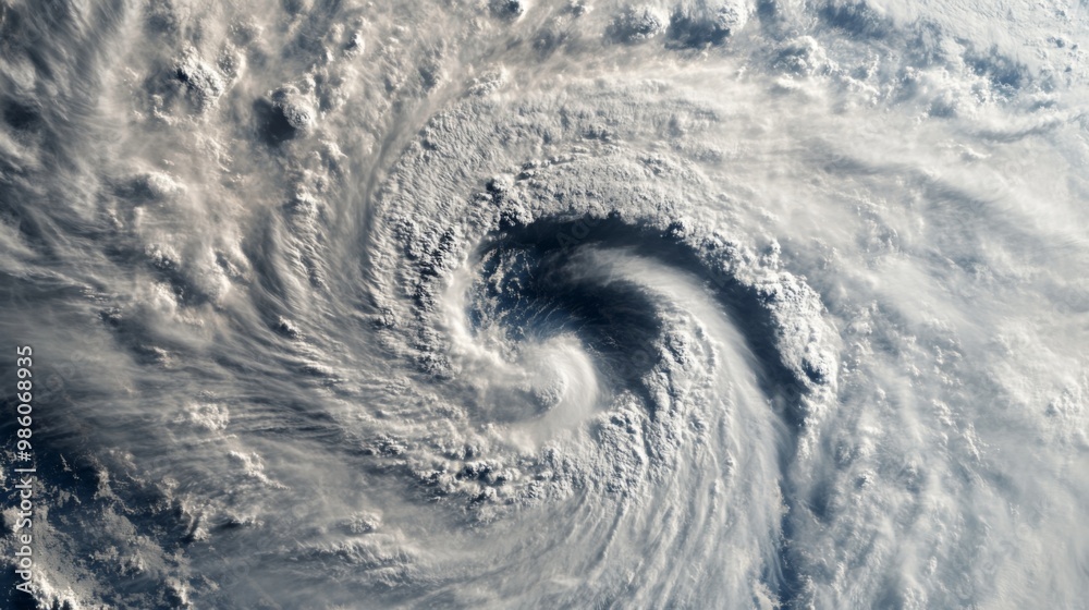 Poster a dramatic image of a typhoon's eye with calm center surrounded by intense storm clouds and spiralin