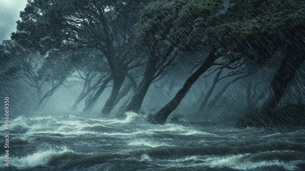 Poster a dramatic scene of a typhoon with heavy rain and strong winds, capturing trees bending and rain pou