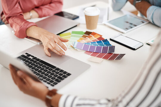 Teamwork, color swatch and hands of business people in office for planning, interior designer or meeting. Moodboard, creative palette and project management with closeup and laptop for style layout