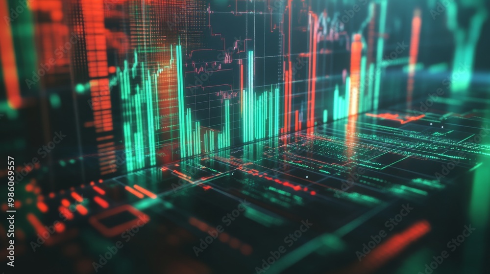 Fototapete a dynamic 3d bar chart with vibrant green and red bars, showing growth and decline in financial perf