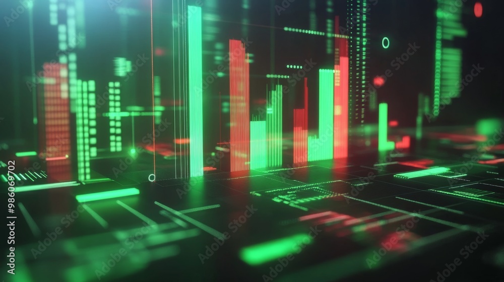 Fototapete A dynamic 3D bar chart with vibrant green and red bars, showing growth and decline in financial performance, surrounded by digital financial symbols.