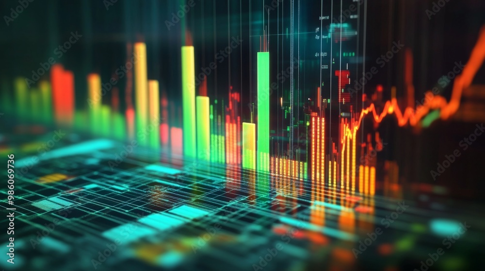 Leinwandbilder a dynamic 3d bar chart with vibrant green and red bars, showing growth and decline in financial perf