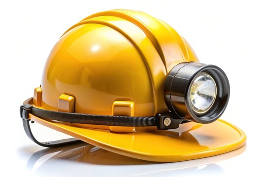 Industrial mining helmet with built-in headlamp illuminates the path, while a sturdy chin strap secures it firmly on the worker's head, sans distractions.