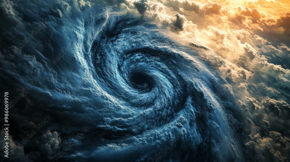 Poster a dramatic image of a typhoon's eye with calm center surrounded by intense storm clouds and spiralin