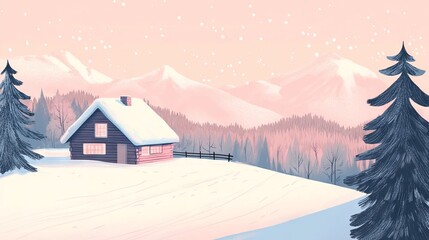 Naklejka premium Hand-Drawn Illustration of a Cozy Winter Cabin in the Mountains, Pastel Tones, AI generated illustration