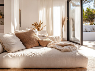 Cozy and inviting living space with natural light and minimalist decor in a serene indoor garden setting
