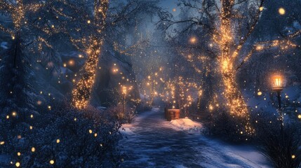 Fototapeta premium A magical winter pathway adorned with shimmering lights, enchanting trees, and a serene atmosphere perfect for holiday adventures.