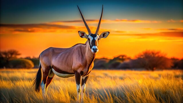 Majestic gemsbok stands tall in the African savanna, silhouetted against a vibrant sunset under the expansive, clear blue sky, embodying grace and natural beauty.