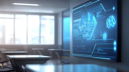 A futuristic whiteboard displays glowing AI-generated visuals in a modern classroom setting showcasing technology and innovation