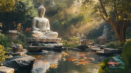 A tranquil scene featuring a Buddha statue in a private garden with a small koi pond and carefully arranged stones. The statueâ€™s peaceful expression is mirrored by the calm water and lush foliage,