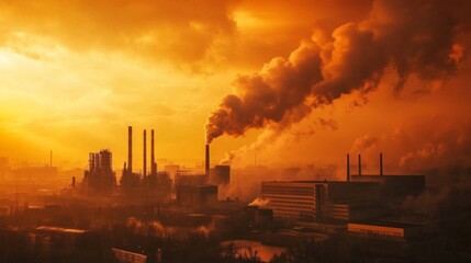 A factory emitting thick clouds of smoke into the atmosphere, with a backdrop of an intense orange sky, symbolizing industrial pollution and global warming.