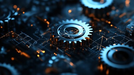 Modern Metallic Gears Meshing in a Complex Information System on Dark Background