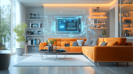 Modern Living Room with Futuristic Digital Display