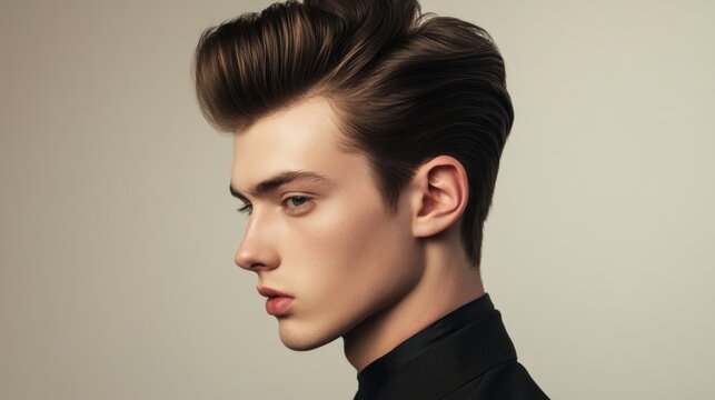 Close-up portrait of a young man with styled hair, looking to the side.