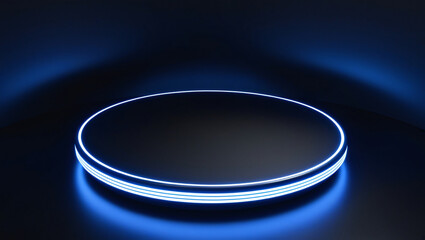 Close up empty black podium of product display in dark scene with line vertical blue neon light on background. Vector illustration.