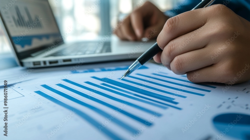 Poster a financial analyst reviewing a printed bar chart with a pen, surrounded by financial documents and 