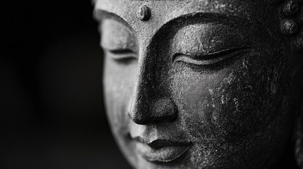 Obraz premium A close-up of a Buddha statueâ€™s serene face, captured with soft, focused lighting that emphasizes the smooth texture and tranquil expression. The blurred background creates a contemplative