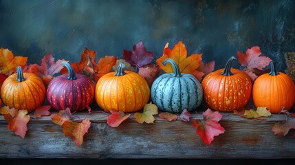 rustic wooden table adorned with an artful array of colorful pumpkins gourds and fallen leaves warm autumnal hues creating a cozy harvest scene