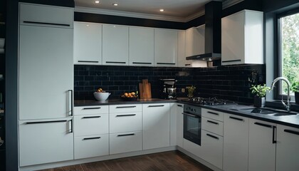 Fototapeta premium a Beautiful modern kitchen interior, wood cabinet