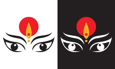 Lord Durga face vector icon. Lord Ambica eyes and tilak icon.  isolated on white and black background, Vector illustration. EPS 10