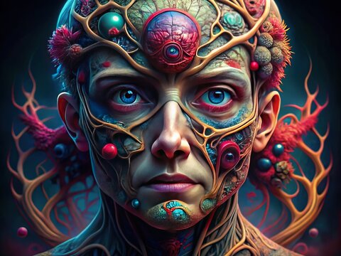 Surreal medical illustration showcasing a unique teratoma face, highlighting intricate features and rich textures, blending artistry with anatomical precision in a captivating visual experience.